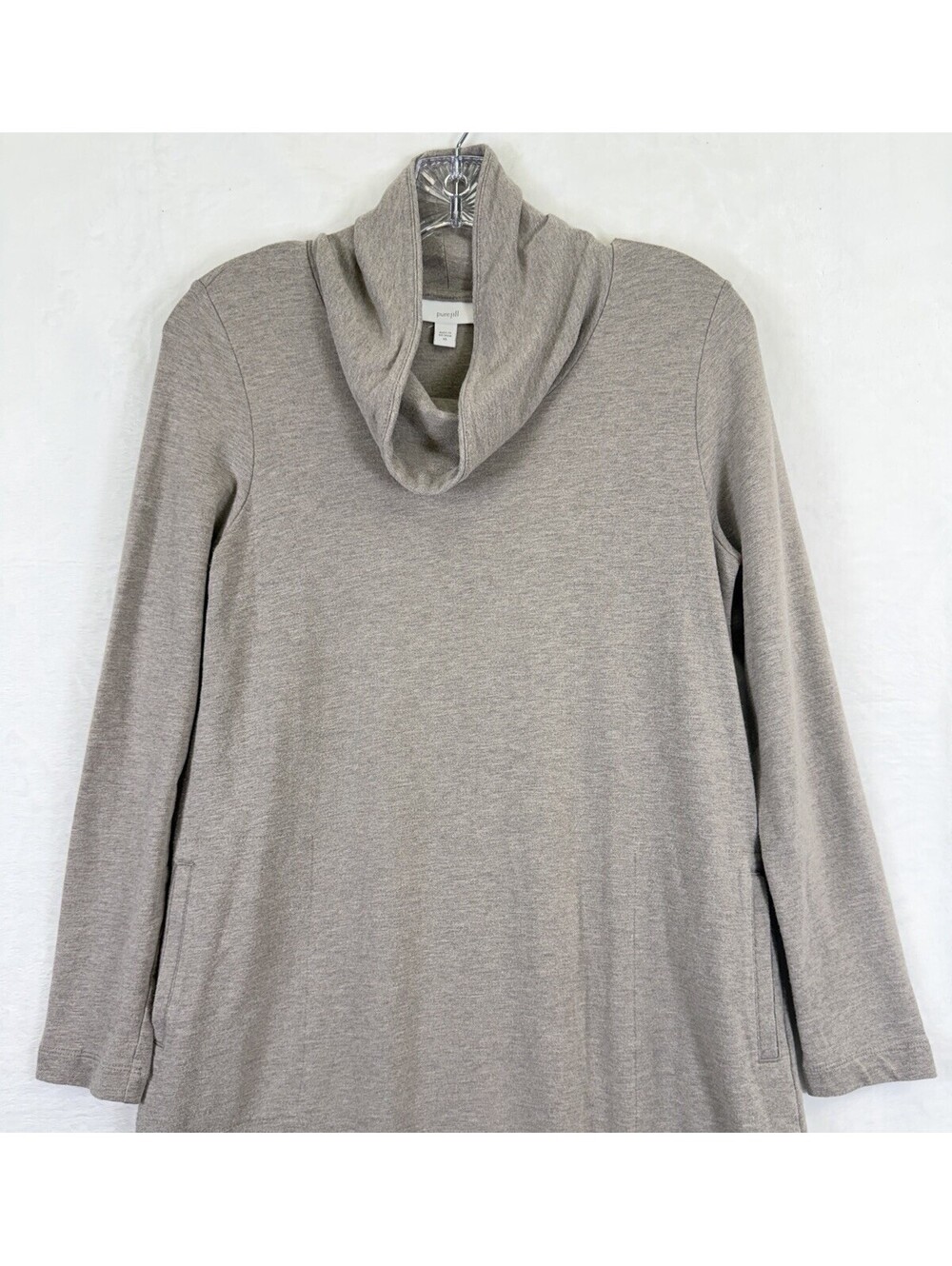 J Jill Dress XS Long Sleeve Cowl Neck Shift Knit Pima Cotton Beige Pockets Pure
